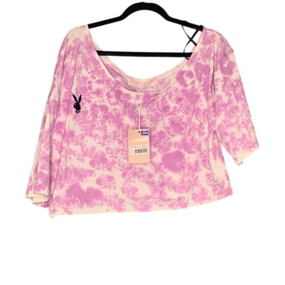 NWT Playboy x Missguided Crop Off Shoulder Top Size 10 Tie Dye T Shirt